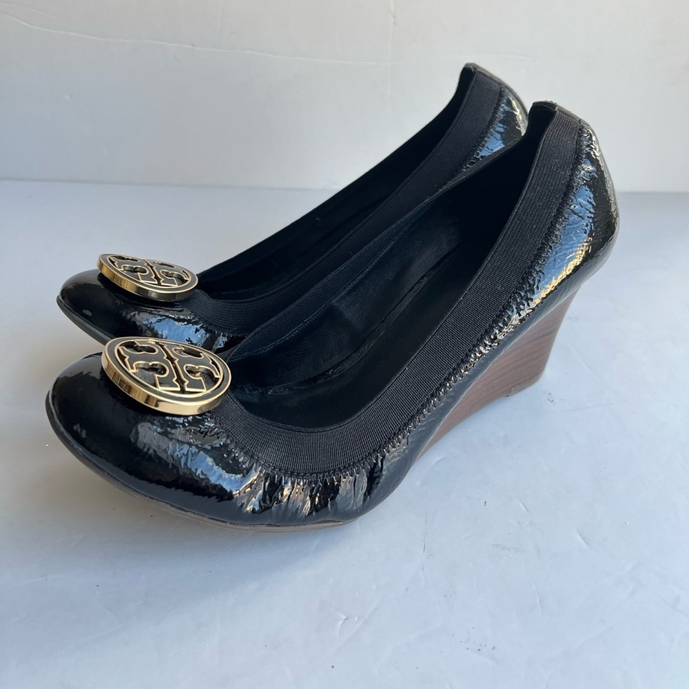 Tory Burch Caroline Black Patent Leather Wedges Size 9 Medium